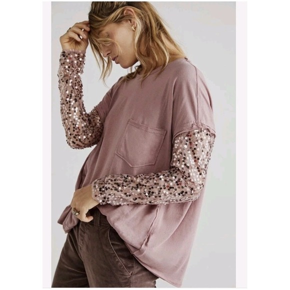 Free People Celine Long Sequin Sleeve Top Size Large Lavender Shadows Oversized - Picture 2 of 9